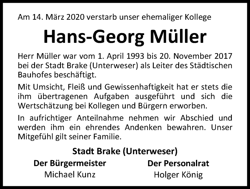  Traueranzeige für Hans-Georg Müller vom 31.03.2020 aus Nordwest-Zeitung