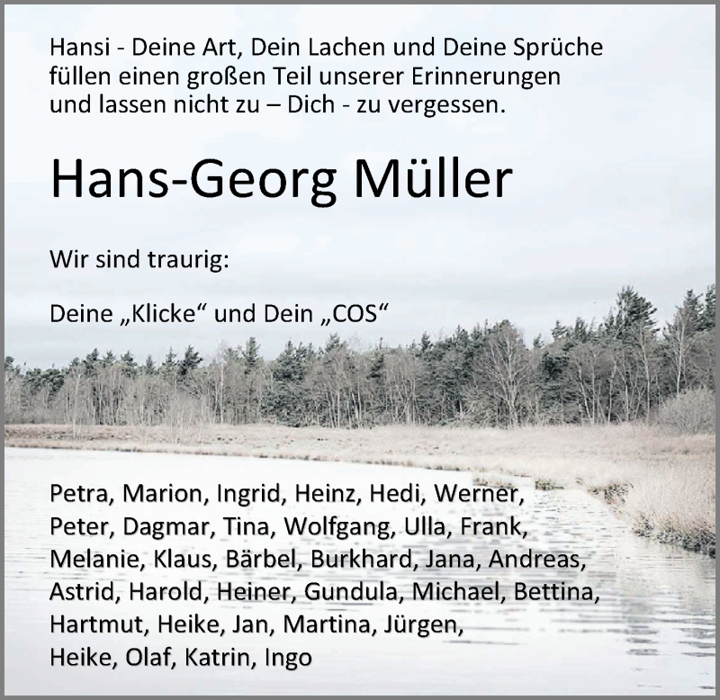  Traueranzeige für Hans-Georg Müller vom 28.03.2020 aus Nordwest-Zeitung