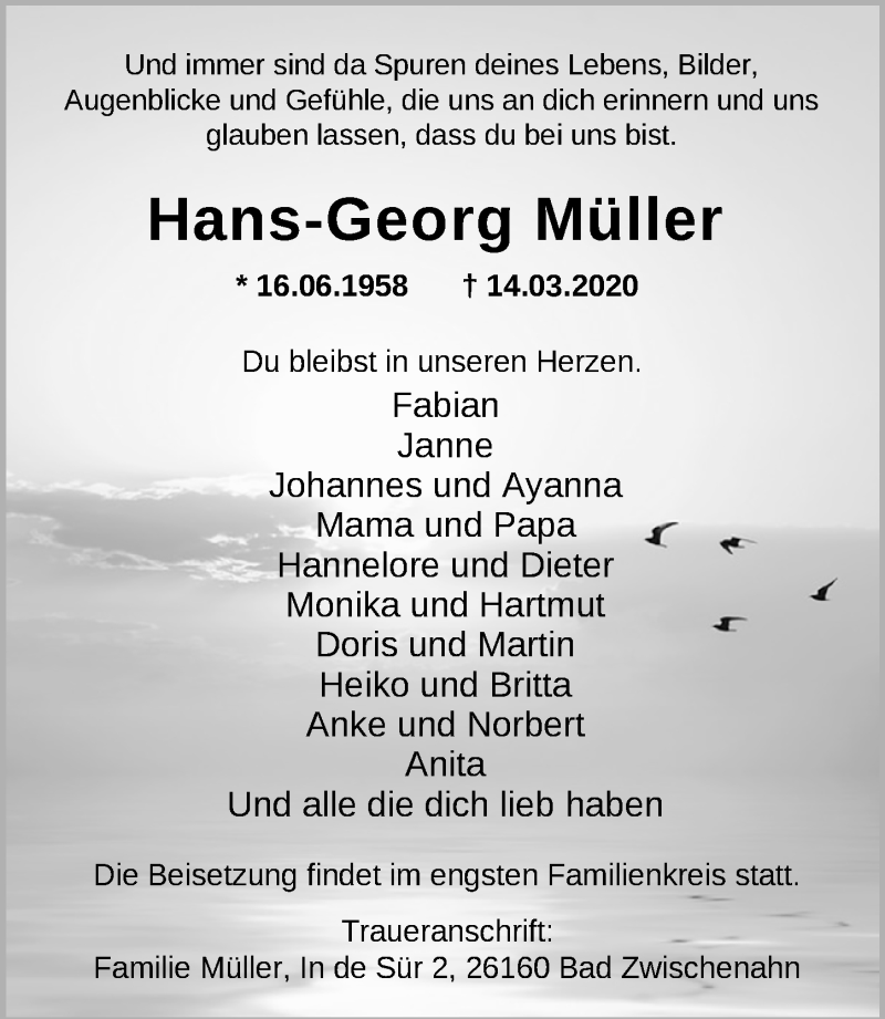  Traueranzeige für Hans-Georg Müller vom 28.03.2020 aus Nordwest-Zeitung