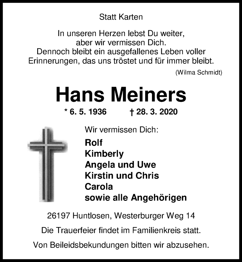  Traueranzeige für Hans Meiners vom 31.03.2020 aus Nordwest-Zeitung