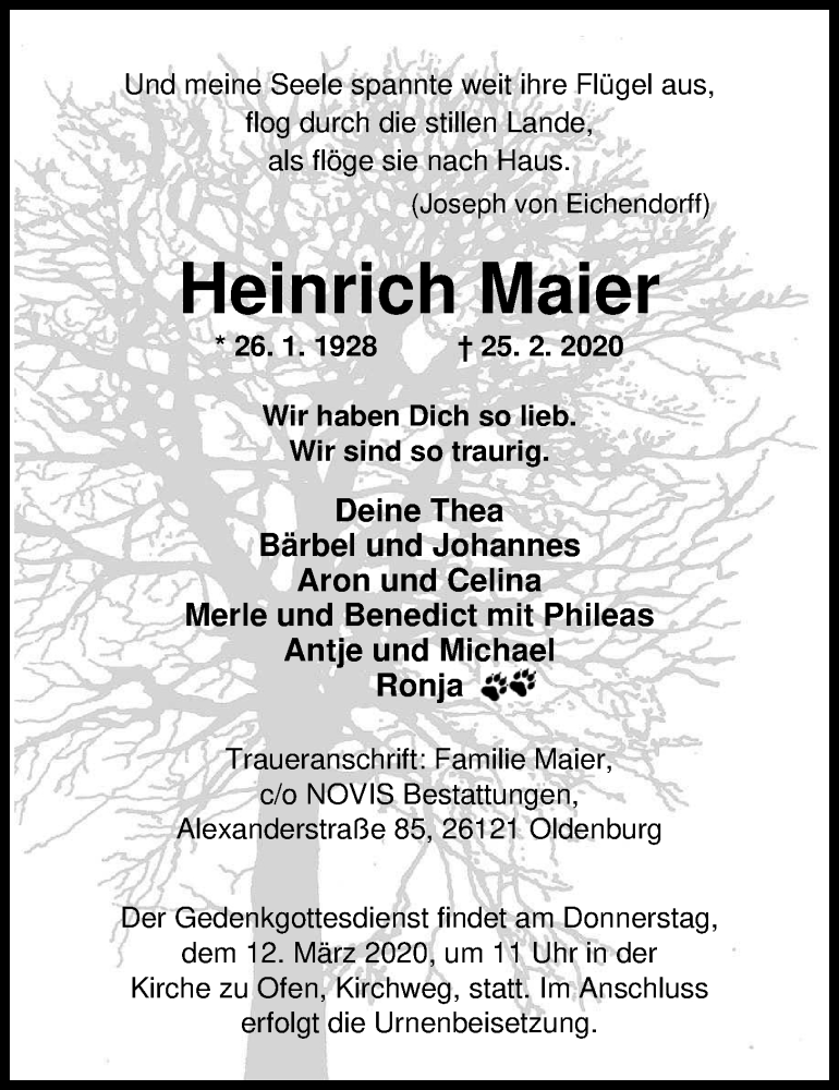  Traueranzeige für Heinrich Maier vom 07.03.2020 aus Nordwest-Zeitung