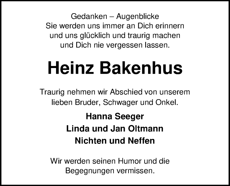  Traueranzeige für Heinz Bakenhus vom 24.03.2020 aus Nordwest-Zeitung