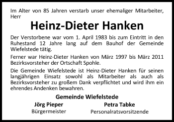 Traueranzeige von Heinz-Dieter Hanken von Nordwest-Zeitung