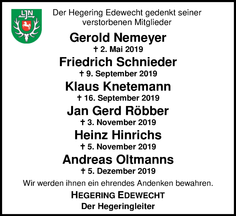  Traueranzeige für Heinz Hinrichs vom 06.03.2020 aus Nordwest-Zeitung