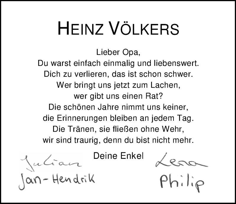  Traueranzeige für Heinz Völkers vom 10.03.2020 aus Nordwest-Zeitung
