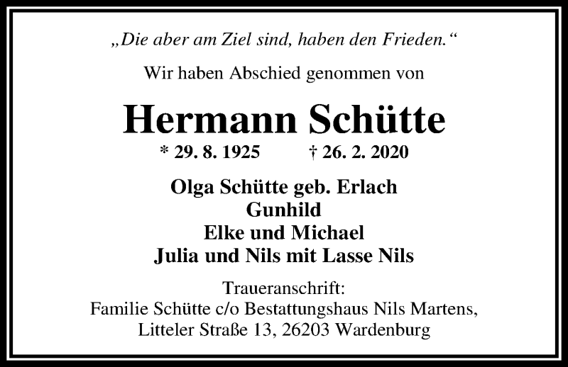  Traueranzeige für Hermann Schütte vom 07.03.2020 aus Nordwest-Zeitung