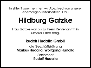 Traueranzeige von Hildburg Gatzke von Nordwest-Zeitung