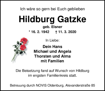 Traueranzeige von Hildburg Gatzke von Nordwest-Zeitung