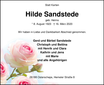 Traueranzeige von Hilde Sandstede von Nordwest-Zeitung