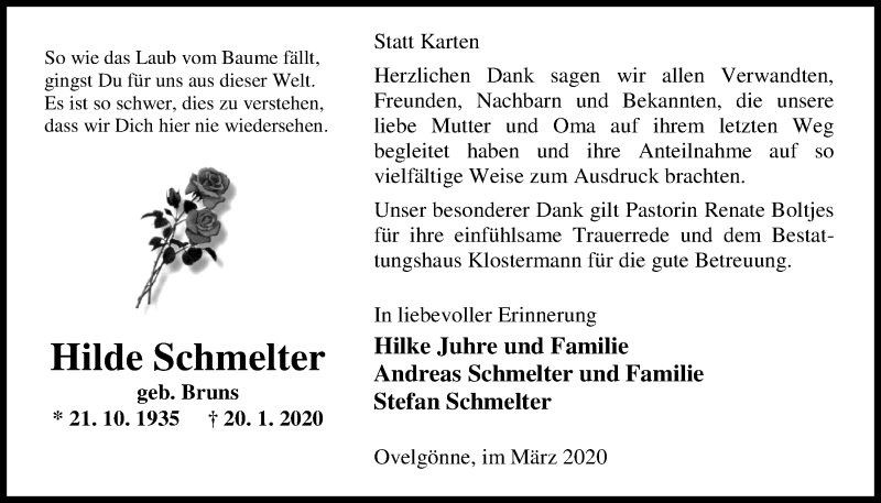  Traueranzeige für Hilde Schmelter vom 03.03.2020 aus Nordwest-Zeitung