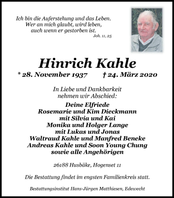 Traueranzeige von Hinrich Kahle von Nordwest-Zeitung
