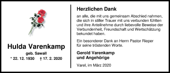 Traueranzeige von Hulda Varenkamp von Nordwest-Zeitung