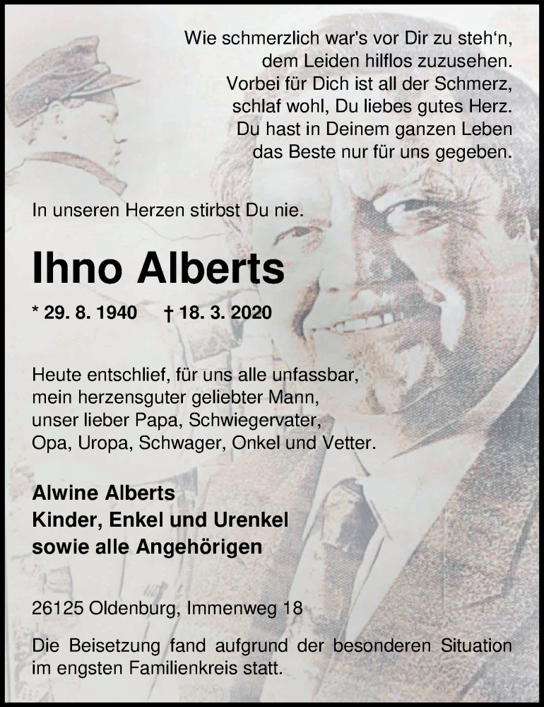  Traueranzeige für Ihno Alberts vom 28.03.2020 aus Nordwest-Zeitung
