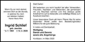 Traueranzeige von Ingrid Schlief von Nordwest-Zeitung