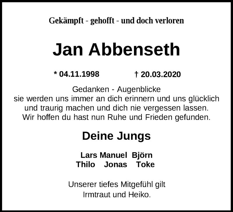  Traueranzeige für Jan Abbenseth vom 24.03.2020 aus Nordwest-Zeitung