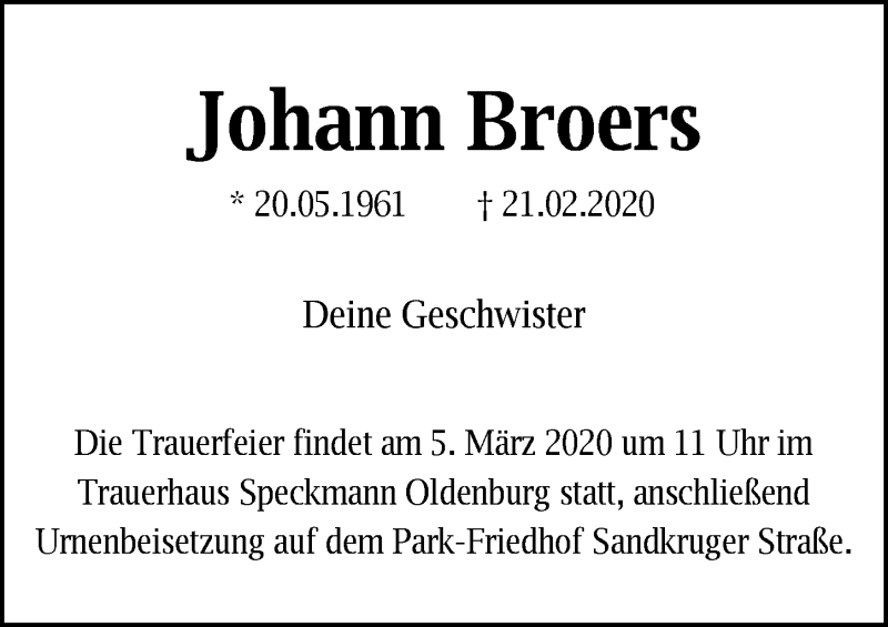  Traueranzeige für Johann Broers vom 02.03.2020 aus Nordwest-Zeitung