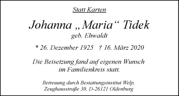 Traueranzeige von Johanna Tidek von Nordwest-Zeitung