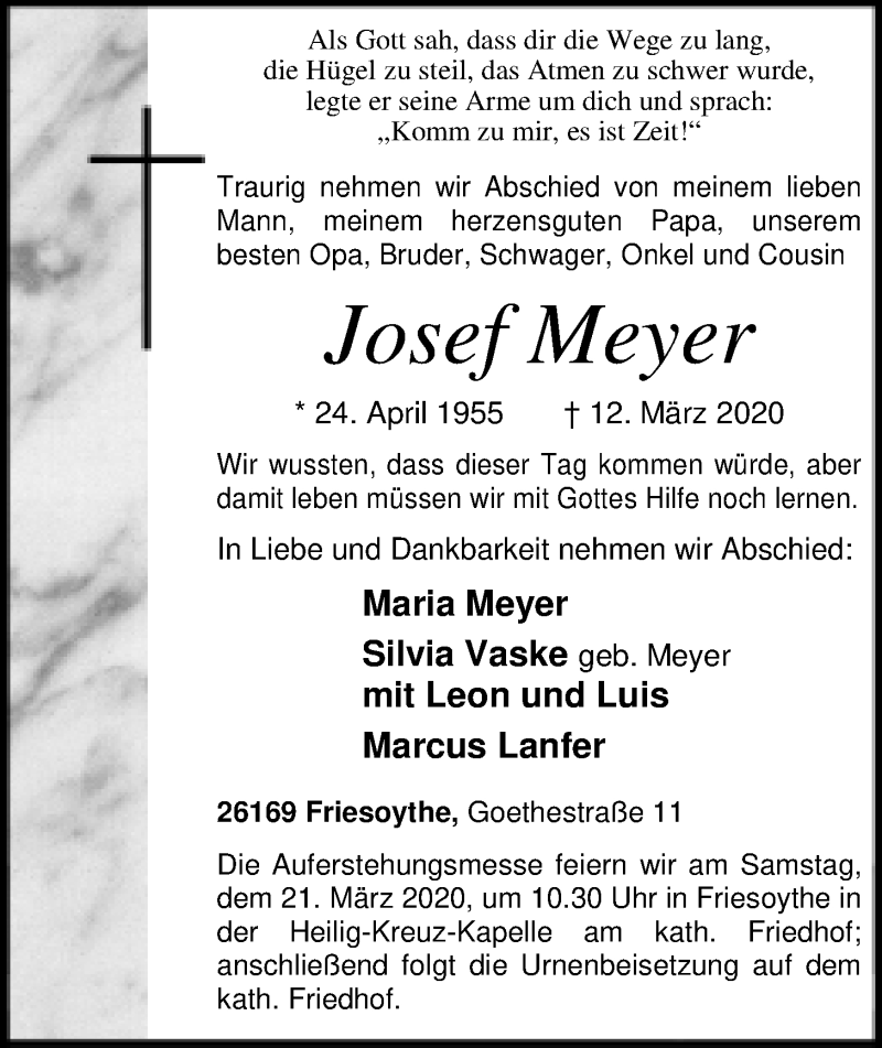  Traueranzeige für Josef Meyer vom 17.03.2020 aus Nordwest-Zeitung