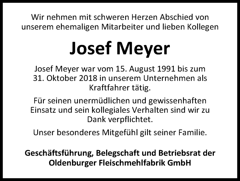  Traueranzeige für Josef Meyer vom 17.03.2020 aus Nordwest-Zeitung