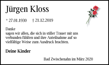 Traueranzeige von Jürgen Kloss von Nordwest-Zeitung