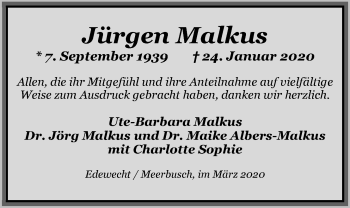 Traueranzeige von Jürgen Malkus von Nordwest-Zeitung