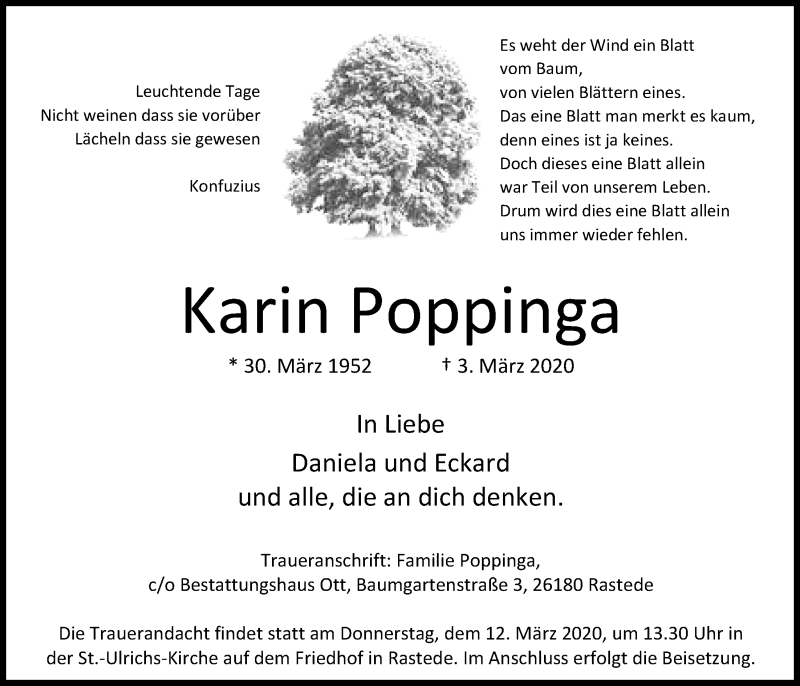  Traueranzeige für Karin Poppinga vom 07.03.2020 aus Nordwest-Zeitung