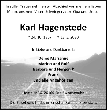 Traueranzeige von Karl Hagenstede von Nordwest-Zeitung