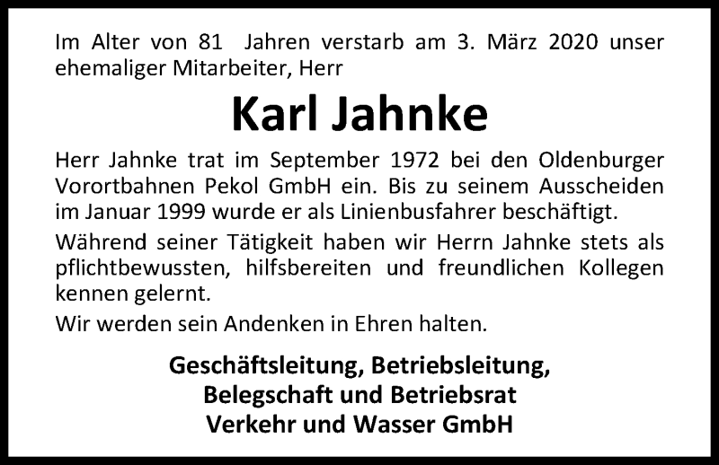  Traueranzeige für Karl Jahnke vom 14.03.2020 aus Nordwest-Zeitung