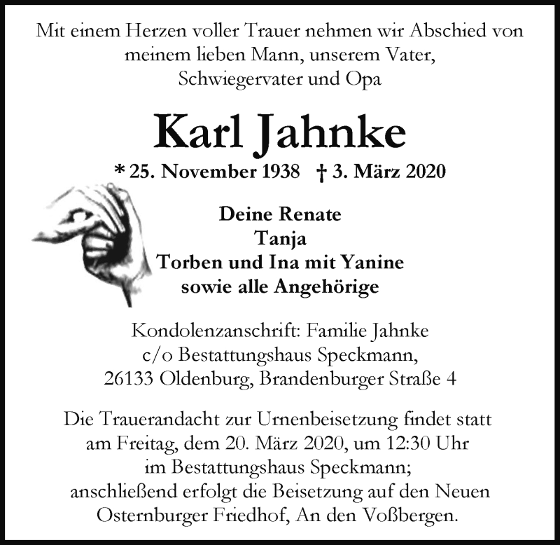  Traueranzeige für Karl Jahnke vom 14.03.2020 aus Nordwest-Zeitung