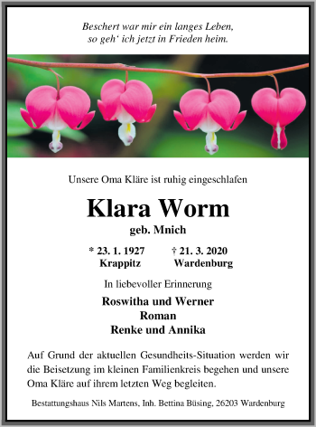 Traueranzeige von Klara Worm von Nordwest-Zeitung