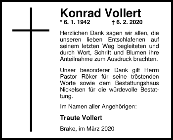 Traueranzeige von Konrad Vollert von Nordwest-Zeitung