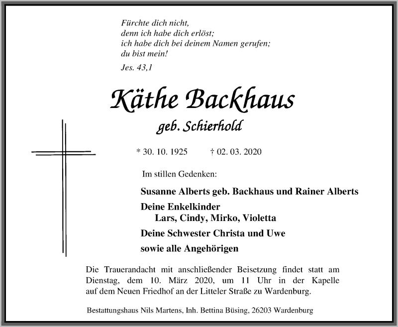  Traueranzeige für Käthe Backhaus vom 05.03.2020 aus Nordwest-Zeitung