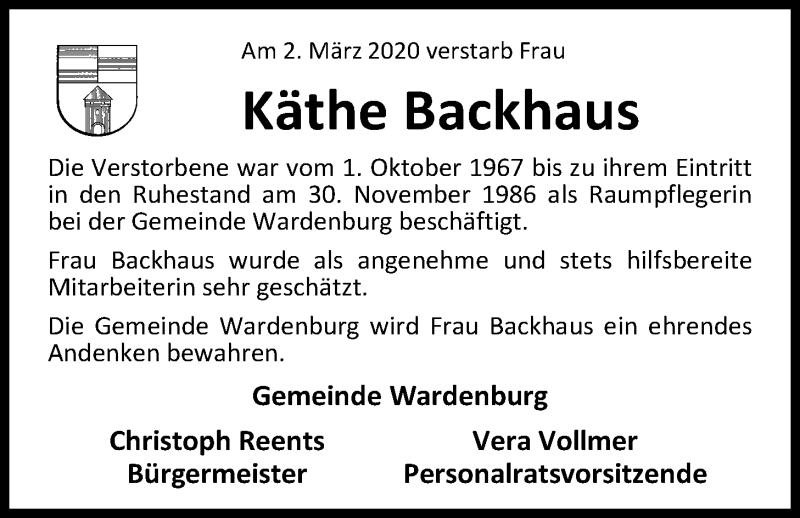  Traueranzeige für Käthe Backhaus vom 05.03.2020 aus Nordwest-Zeitung