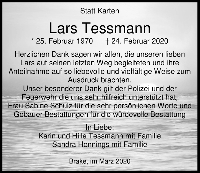  Traueranzeige für Lars Tessmann vom 30.03.2020 aus Nordwest-Zeitung