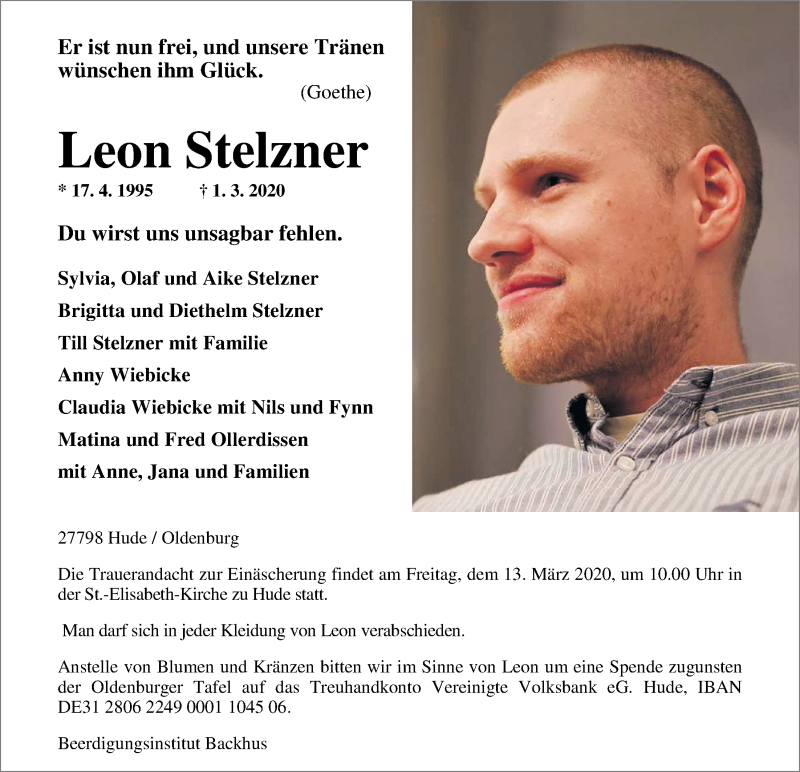  Traueranzeige für Leon Stelzner vom 09.03.2020 aus Nordwest-Zeitung