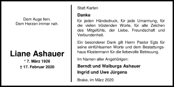 Traueranzeige von Liane Ashauer von Nordwest-Zeitung