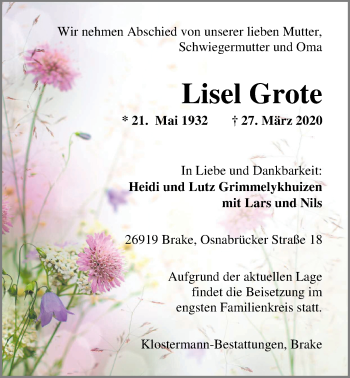 Traueranzeige von Lisel Grote von Nordwest-Zeitung