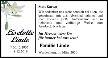 Traueranzeige von Liselotte Linde von Nordwest-Zeitung