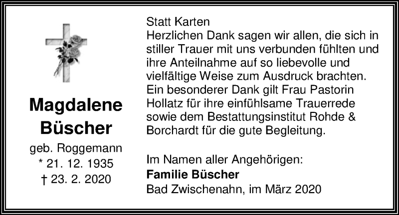  Traueranzeige für Magdalene Büscher vom 28.03.2020 aus Nordwest-Zeitung