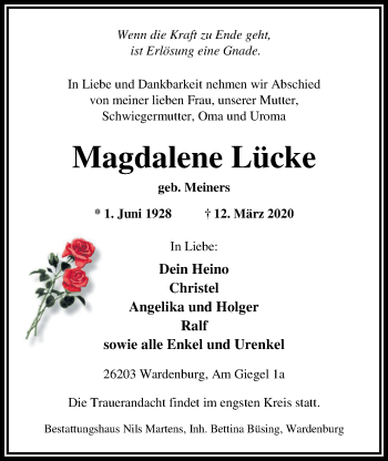 Traueranzeige von Magdalene Lücke von Nordwest-Zeitung