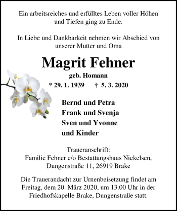 Traueranzeige von Magrit Fehner von Nordwest-Zeitung