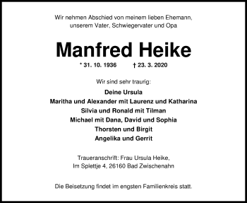 Traueranzeige von Manfred Heike von Nordwest-Zeitung