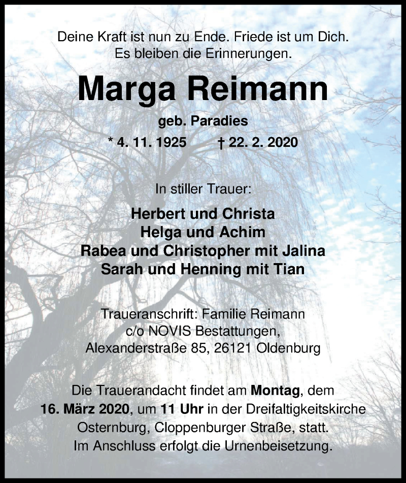  Traueranzeige für Marga Reimann vom 07.03.2020 aus Nordwest-Zeitung