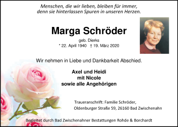 Traueranzeige von Marga Schröder von Nordwest-Zeitung