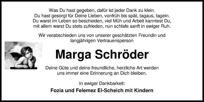 Traueranzeige für Marga Schröder vom 25.03.2020 aus Nordwest-Zeitung
