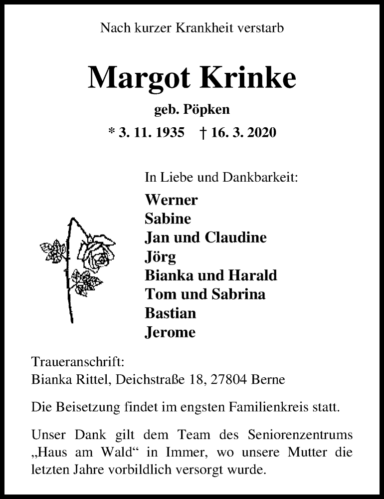  Traueranzeige für Margot Krinke vom 21.03.2020 aus Nordwest-Zeitung