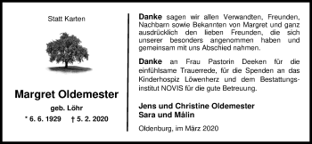 Traueranzeige von Margret Oldemester von Nordwest-Zeitung