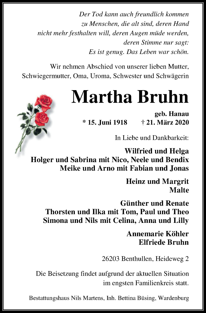  Traueranzeige für Martha Bruhn vom 24.03.2020 aus Nordwest-Zeitung