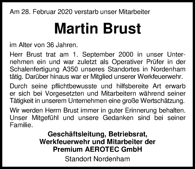  Traueranzeige für Martin Brust vom 10.03.2020 aus Nordwest-Zeitung