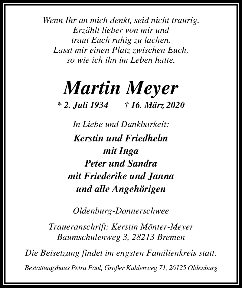  Traueranzeige für Martin Meyer vom 20.03.2020 aus Nordwest-Zeitung